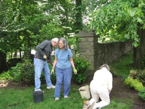 John C, Betty P and Bev C Planting at the Old Stone Meeting House